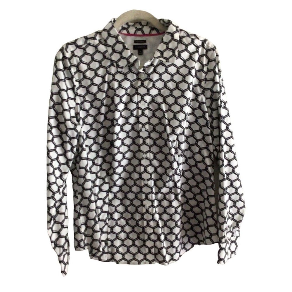 Talbots Women Sz 14 Black White Chain Print Wrinkle Resistant Button Up Top